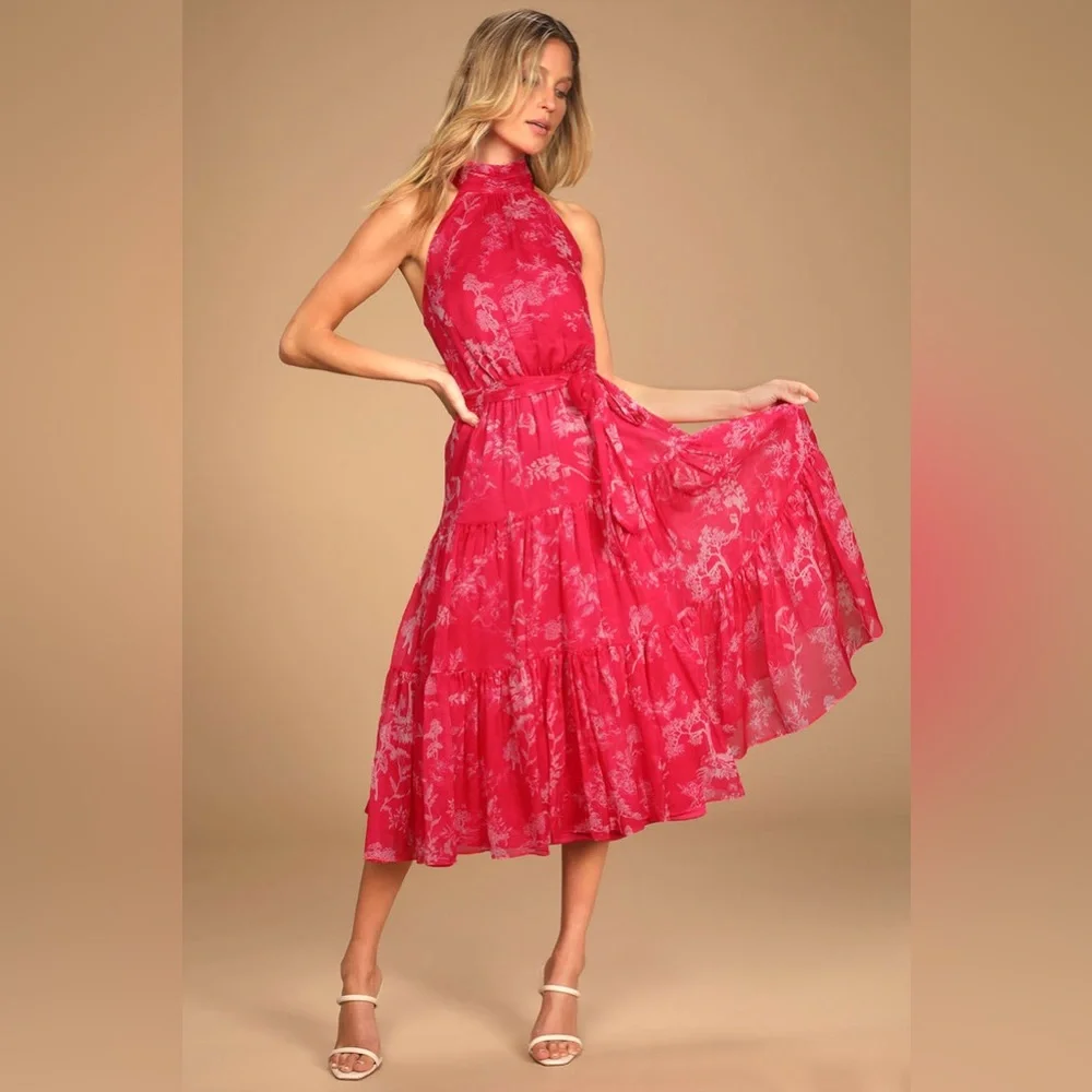 Lulu’s Float to You Hot Pink Floral Print Halter-Neck Tiered Midi Dress -Size M - Picture 1 of 4